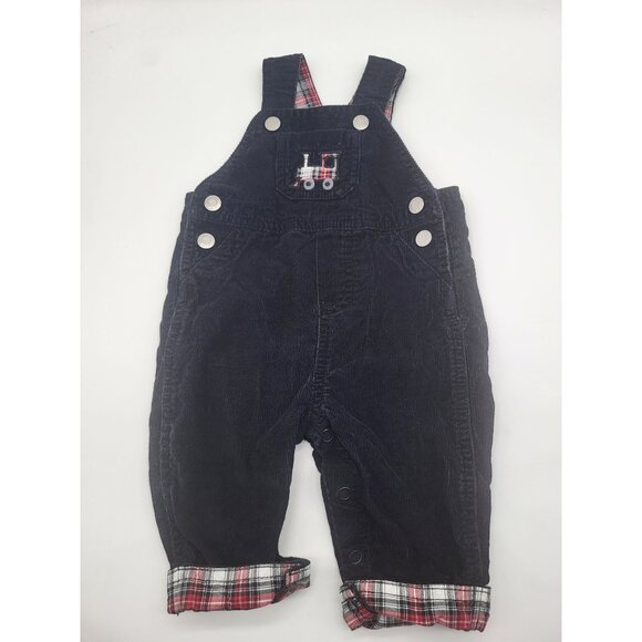 Carter's Baby Boy 3M Corduroy Plaid Overalls Black Red Train Holiday - Picture 1 of 6